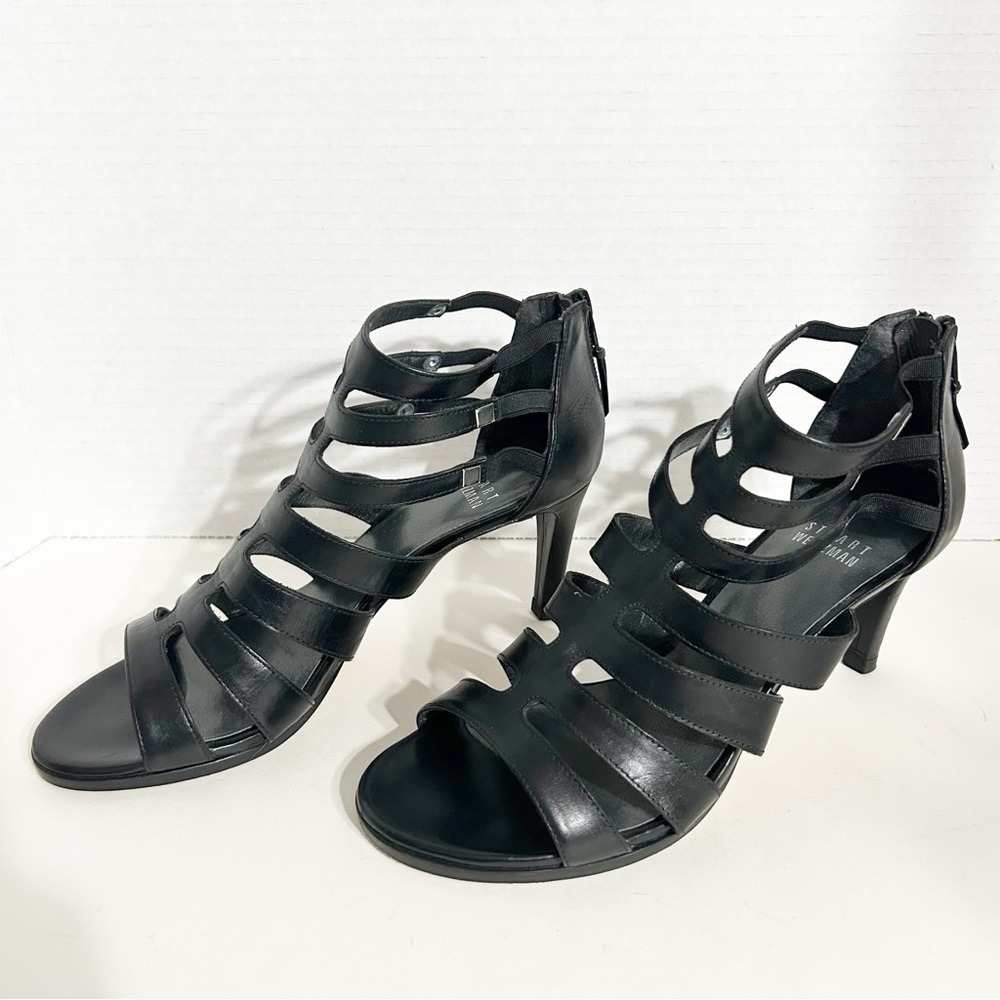 Stuart Weitzman Strappy 🖤 Leather Gladiator Type Sandals Zip Heel Leather Sole - Picture 3 of 14